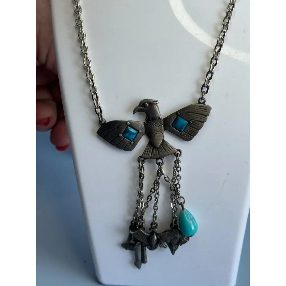 Vintage Park Lane Block Turquoise Tribal Charm Peyote Bird Southwestern Necklace - Picture 10 of 10